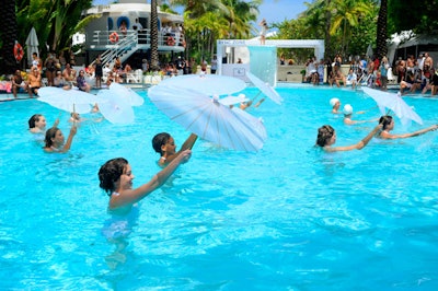 The Los Angeles-based Aqualillies performed at Sunday's pool party at the Raleigh, sponsored by Zync from American Express.