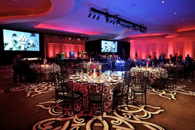Blooming Design used black, white, and red decor to decorate the hotel ballrooms for the two award dinners.