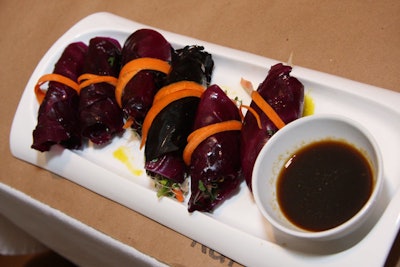 The second course included spring rolls made with red cabbage, cashew butter, sprouts, carrots, and cucumber-ginger sauce.