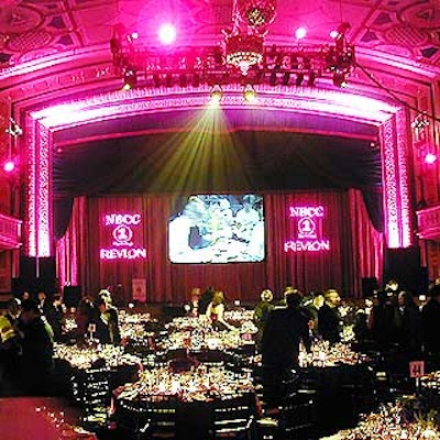 Upstairs in Manhattan Center Studios' Grand Ballroom, See Factor Industries used a pink color scheme for the lighting for the dinner portion of the evening. (Photo by Jeff Thomas)