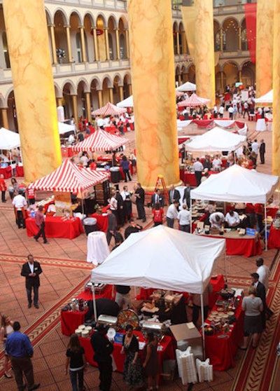 Restaurants were grouped into fours under a series of striped and solid tents.