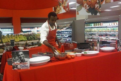 Chef Marcus Samuelsson, whose Red Rooster eatery opens in Harlem this fall, designed a line of kitchenware specifically for the Harlem store and gave live food demonstrations in the fresh food section.