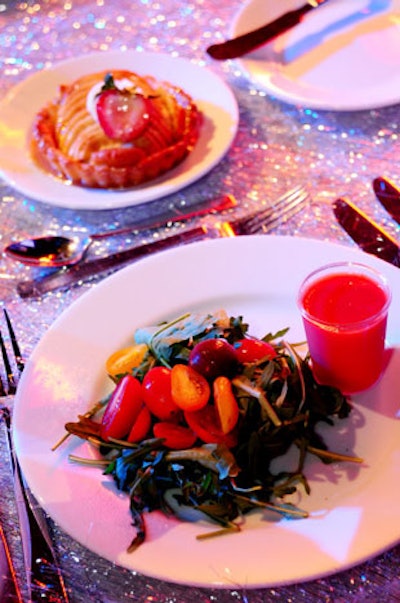 The Hard Rock preplated the salad (served with a watermlon dressing in a shot glass) and the dessert, a classic French almond tart with apples, caramel sauce, and crème fraiche.