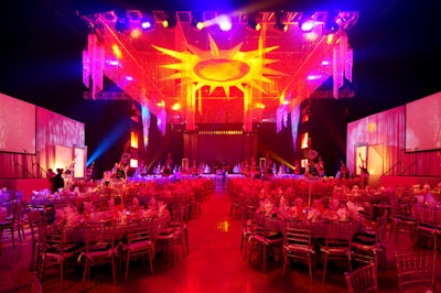 The Hard Rock once again draped the perimeter of the floor to camouflage the stadium seats and used ceiling treatments to transform the arena for the dinner.