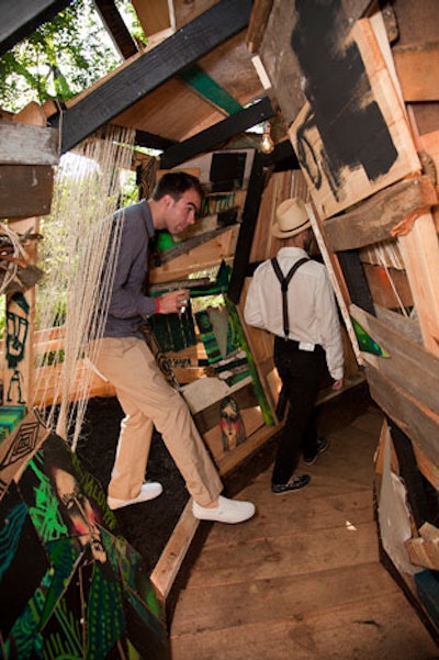 Built of found objects, timber, and driftwood, Al Stark's 'Future City Eaters' tree house-like installation sat in the back of Watermill Center's woods.