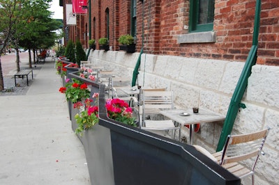 A small patio faces the cobblestone streets of the Distillery District.