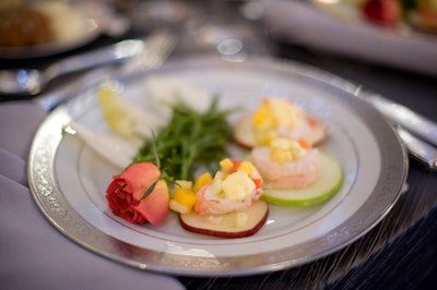 The first course was mango-infused lobster medallions on thin apple slices with aioli and mango-apple relish.