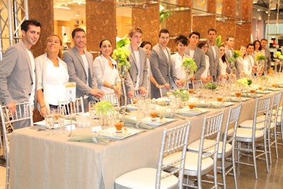 For Bloomingdale's, Classic Party Rentals topped long tables with natural flax cloths and natural bamboo linen napkins. Lulu Powers selected white square china to showcase the menu, which included soup in a martini glass and dessert in an old-fashioned champagne saucer.