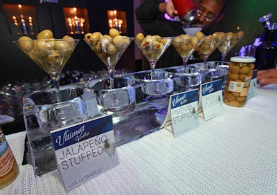 At Ultimat vodka's ice bar, guests could spruce up their martinis with selections from an olive buffet.