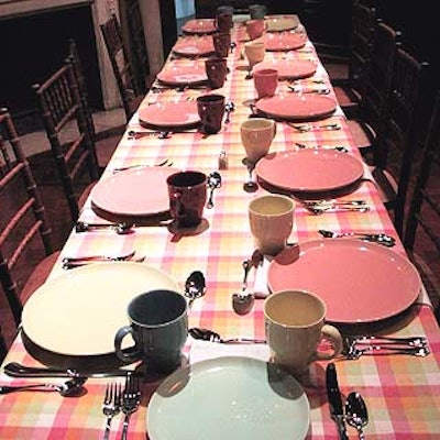 Tables at the launch event for Oneida's re-release of Russel Wright dinnerware at the Cooper-Hewitt were set with Wright's signature tableware and tablecloths.