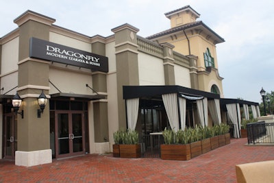 Dragonfly's entrance and patio are adjacent to the town center's piazza and fountain.