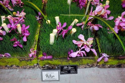Phil Stefani Signature Events showcased an easily transportable new snack: peaches and cream push-up pops topped with Pop Rocks candy. The treats, which have a mousse-like consistency, were served in flower-filled trays from Philip's.