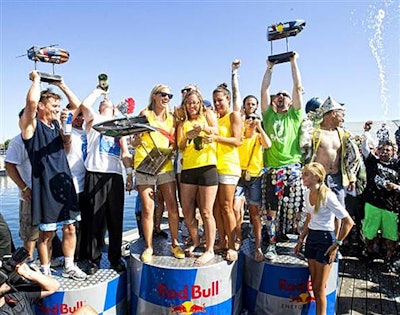 The all-female team Peepin' It Real won the Long Beach Flugtag with a flight distance of 98 feet.