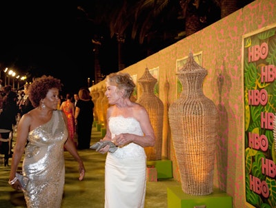 The HBO Emmys party's summer safari theme kicked off on the green arrivals carpet, which was dotted with hand-woven palmyra baskets.