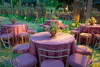 The banana leaf-patterned carpet and animal print linens and seat cushions echoed the party's 'Tarzan and Jane meet Palm Beach' motif.