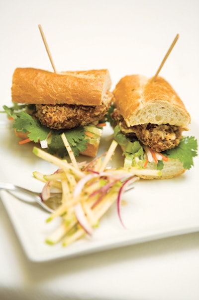 Asian po' boy sandwich with panko-crusted shrimp, daikon, carrots, cilantro and sambal aioli on a baguette with green apple slaw from Epicurean Umbrella in Los Angeles