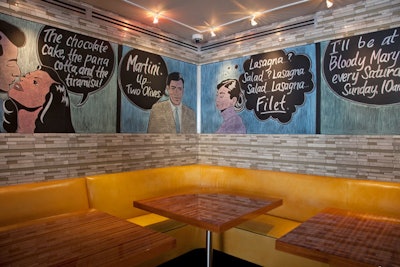 Owner Greg Morris also designed the space, which includes cartoon-style murals on the walls.