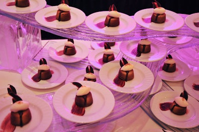 The hotel served flourless baked chocolate mousse with toasted pistachio dust, white chocolate Chantilly cream, and chocolate sauce for dessert in the casino.