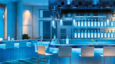 The Bombay Sapphire Lounge is decorated in the company's signature blue.