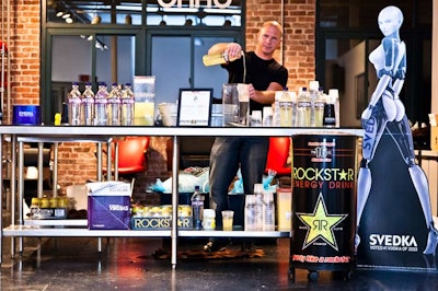 Bartenders mixed Shag-themed cocktails made from Svedka vodka and RockStar energy drinks.