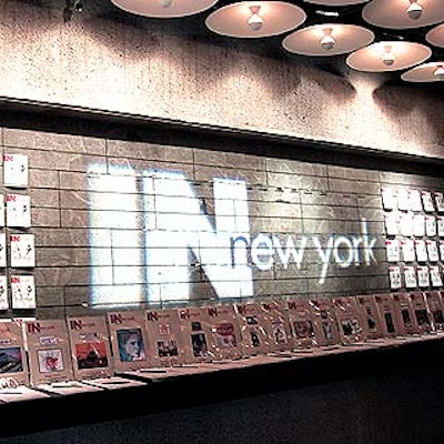 At the In New York anniversary party at the Whitney, magazines and a giant gobo from Big Apple Lights were displayed in the lobby.