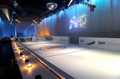 Inspired by the opening night film, Score: A Hockey Musical, event producer Barbara Hershenhorn of Party Barbara Co. worked with McWood Studios and National Sign to design a dance floor that replicated an ice rink.