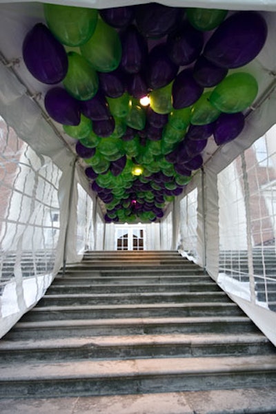 Balloons covered the ceiling of a tented path leading from the museum into the dinner tent.