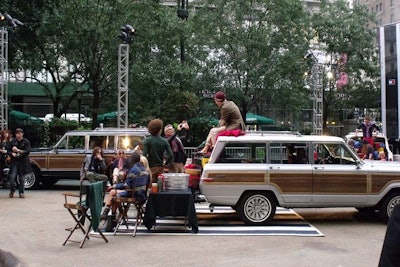 Starting early, Macy's kicked off its efforts with a tailgate-style display in the Herald Square pedestrian plaza. Later, the car-free section hosted a performance by Train.