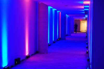 Westbury National Show Systems lit a walkway on the sixth floor with blue lighting.