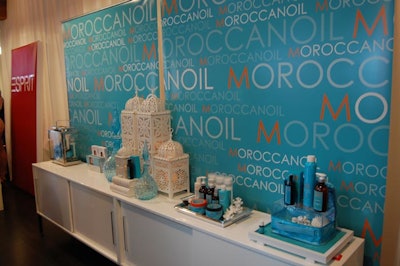 A display from Moroccanoil, a manufacturer of professional argan-oil hair products, included product displays and Moroccan lanterns.