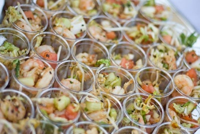The Seminole Hard Rock Hotel & Casino served a chilled spiced shrimp appetizer in shot glasses, and other hors d'oeuvres.