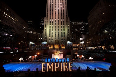A large sign of the show's name marked the entrance to the New York premiere party for Boardwalk Empire. Produced by Invision Events for HBO, the event took place Wednesday, September 15, at the Rockefeller Center Rink Bar, Sea Grill, and Rock Center Café.