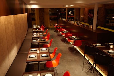 Clean lines and earth tones fill the main dining room, which seats 56 to 80.
