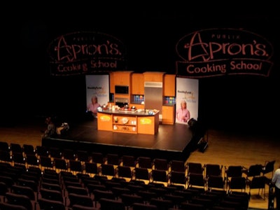 Sixth Star Entertainment and Marketing projected large gobos of the cooking school's logo on the stage's back curtain.