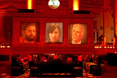 Chuck Close-style portraits of Bored to Death's three main characters anchored the room and alluded to a visual theme from the show.