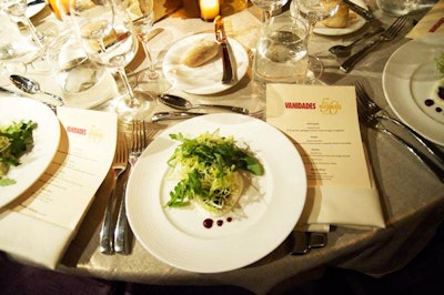 The dinner menu catered by Trump Soho: beet salad, a grilled beef fillet entrée, a dessert trio and petits fours.