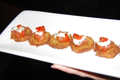 Hors d'oeuvres from Toben Food by Design included items like Yukon gold potato rosti with smoked Arctic char, roasted red peppers, scallion compote, and horseradish crème fraîche.