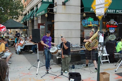 The music subcommittee and its chair, Patrick Derivaz, sought to bring a range of genres to the festival. Performers at the outdoor concert series included punk/ska Stumblebum Brass Band (pictured), human beatbox Adam Matta, the classical North Sky cello ensemble, and avant-garde gospel singer Dean Bowman.