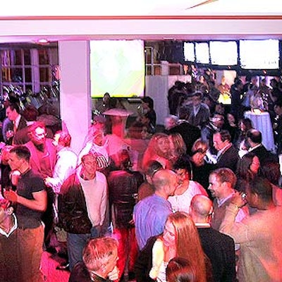 The second floor of the club featured fitness-themed videos produced by A Kinetic Corporation, and more videos playing on the club's suspended video monitors.