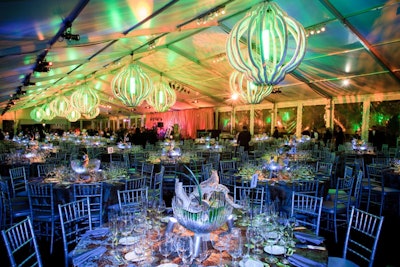 Event designer Jamey Harding used air ducts to create specialty oversize chandeliers, which hung over the dance floor.