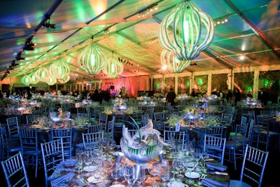 Event designer Jamey Harding used air ducts to create specialty oversize chandeliers, which hung over the dance floor.