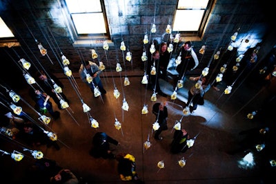 Sensors within the 'Aurora' installation tracked viewers walking through the atrium and created a rippling pattern reflected in the lighting.