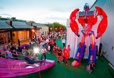 A Transformers replica served as towering decor.