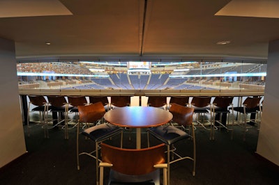 The six I.O.A. Hardwood Suites can host groups of 45 to 60 and offer a view of the arena floor.