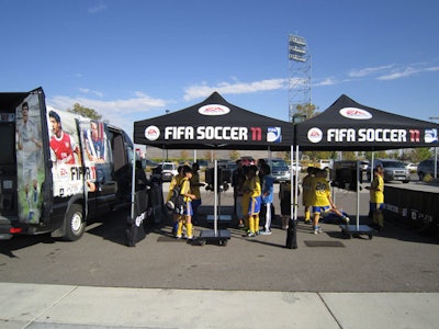 The promotion for EA Sports FIFA 11 is a five-week, 13-city tour designed to allow consumers to test the new soccer game title. The campaign, scheduled to end on October 31, has already hit locations like Colorado soccer stadium Dick's Sporting Goods Park.