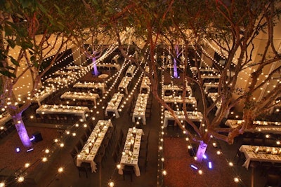 About 3,000 white lightbulbs on strings hung over the museum courtyard.