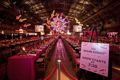 For the kickoff event for the 'Carnival' exhibition, the Park Avenue Armory and Hickey Shields moved some of the rides to make room for dinner tables at the foot of the 50-foot-tall Ferris wheel.
