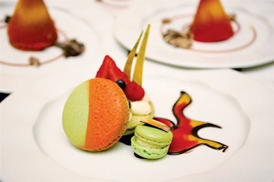 Chefs at the Mandarin Oriental in Miami used painted-on flames and other garnishes to turn a few macaroons into a bold dessert for the 'Be a Voice, Feel the Magic' gala.