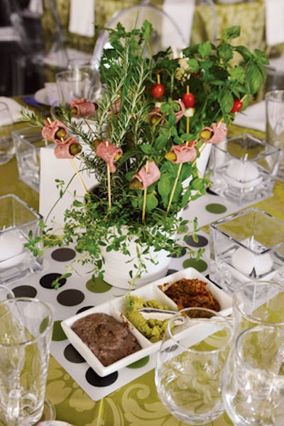 At the Center for Addiction and Mental Health's Transforming Lives Awards in Toronto, Presidential Gourmet created centerpieces out of potted herbs and a selection of skewered hors d'oeuvres, including salami and pickles.