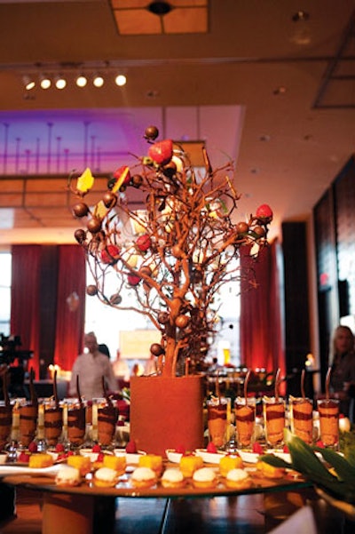 At an event to showcase its catering staff and event spaces, the Intercontinental Hotel Boston created a chocolate tree adorned with pieces of fruit.